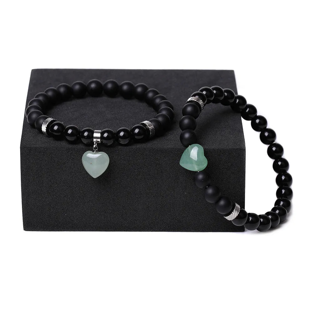 Natural stone couple matching bracelets with polished heart pendants in multiple colour variations