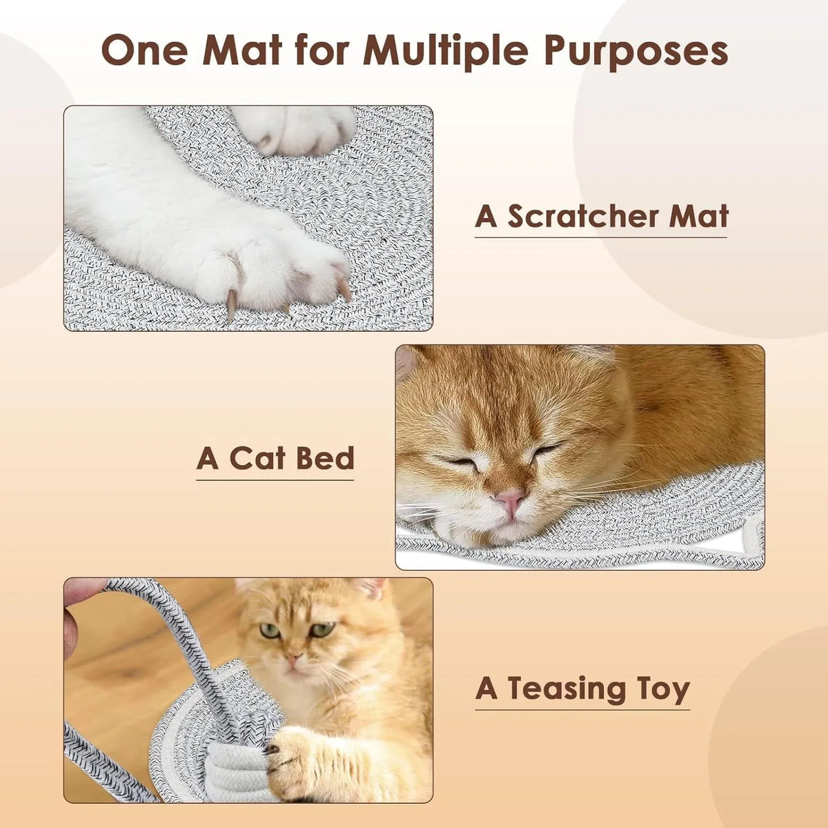 Round natural cotton rope cat scratcher mat with hanging ear and cat ball toy, sizes M 50cm and S 40cm.