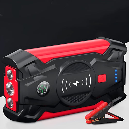 Red 12V car jump starter power bank with digital display and air compressor function