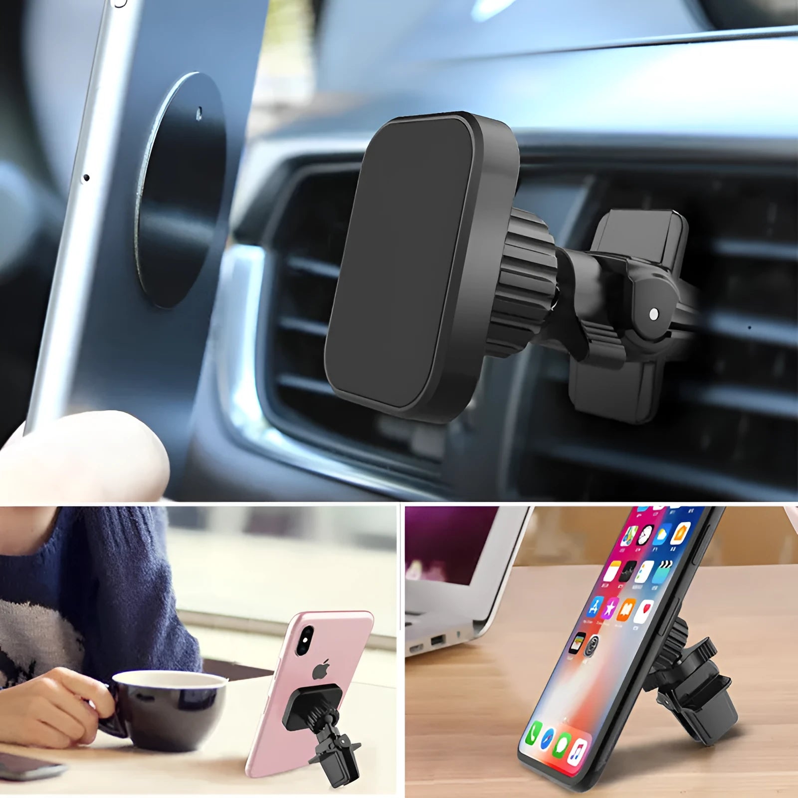 Black magnetic car phone holder mounted on air conditioning vent with round head baffle design