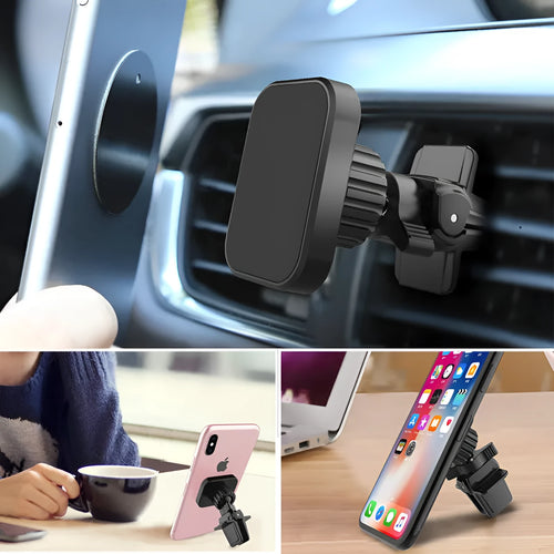 Black magnetic car phone holder mounted on vehicle air vent with smartphone attached