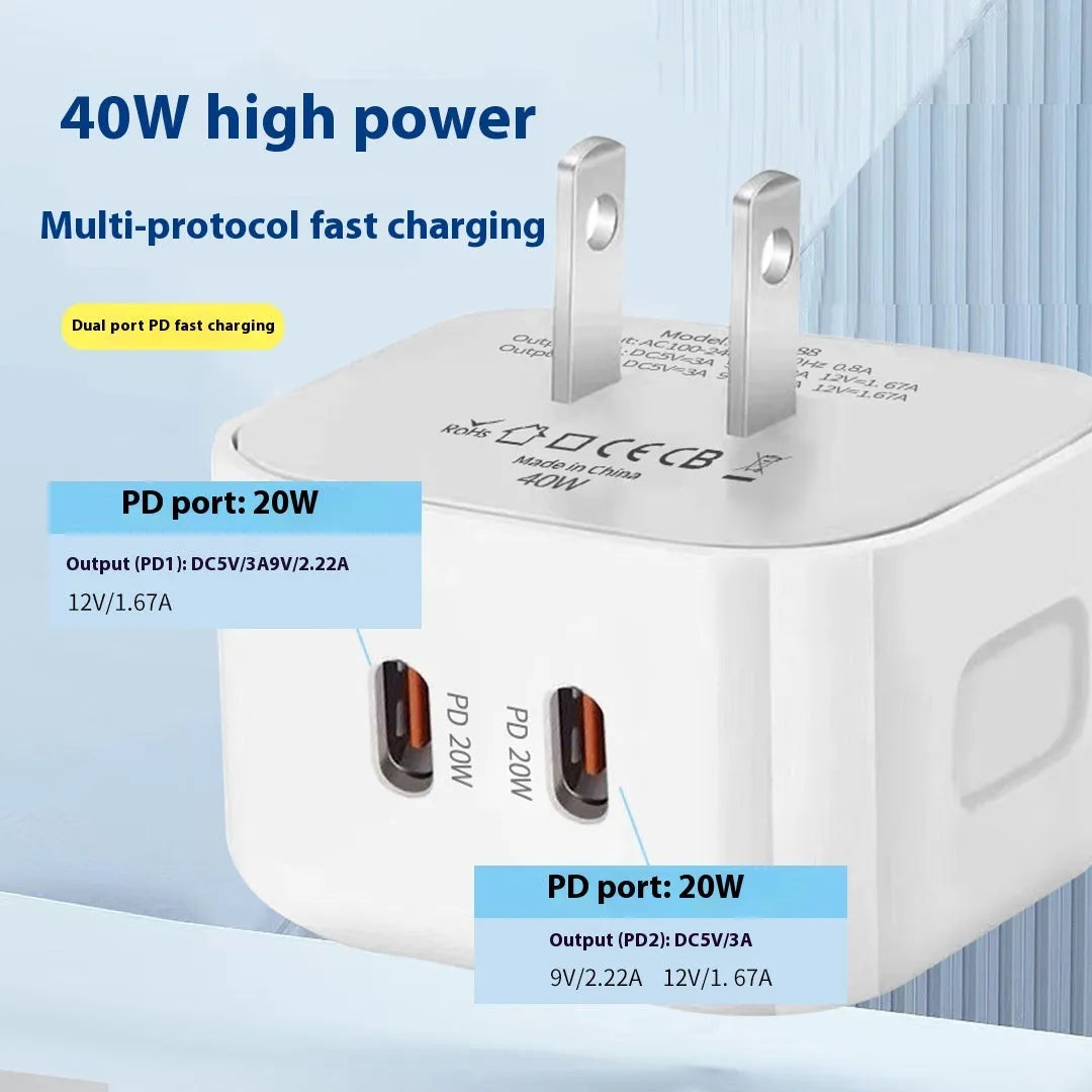 White PD40W USB-C fast charger head with Type-C interface, shown as a single mains wall plug.
