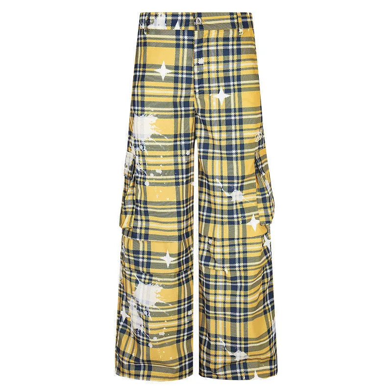 Men's blue retro plaid casual trousers with straight leg design on hanger