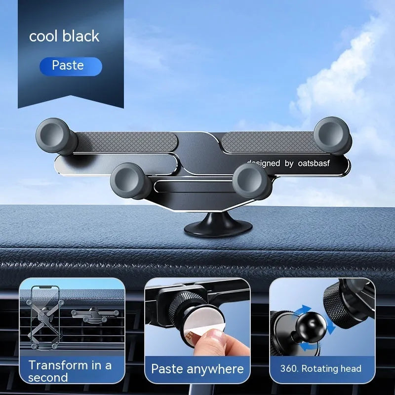 An invisible aluminium alloy phone holder for car air vents, shown in black.
