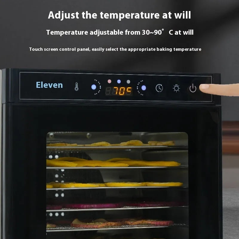 Stainless steel food dehydrator with multiple trays and an LED control panel.