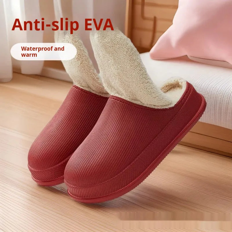 EVA autumn winter warm waterproof thick cotton slippers with shock absorbing toe cap in solid colour, side view