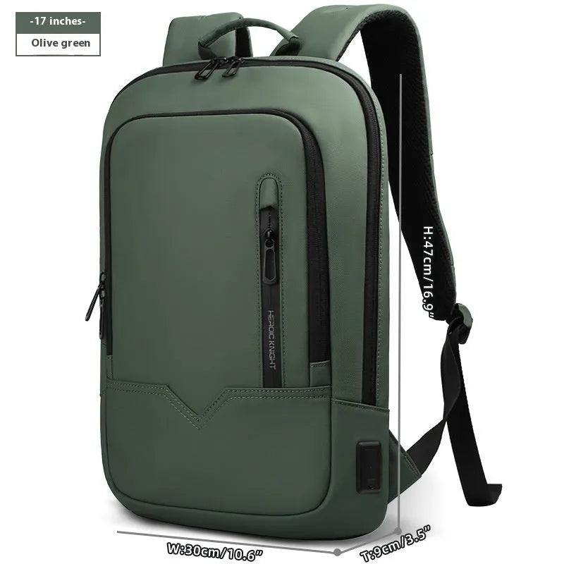 Men's lightweight polyester laptop backpack with USB port in black, shown in 14-inch size.