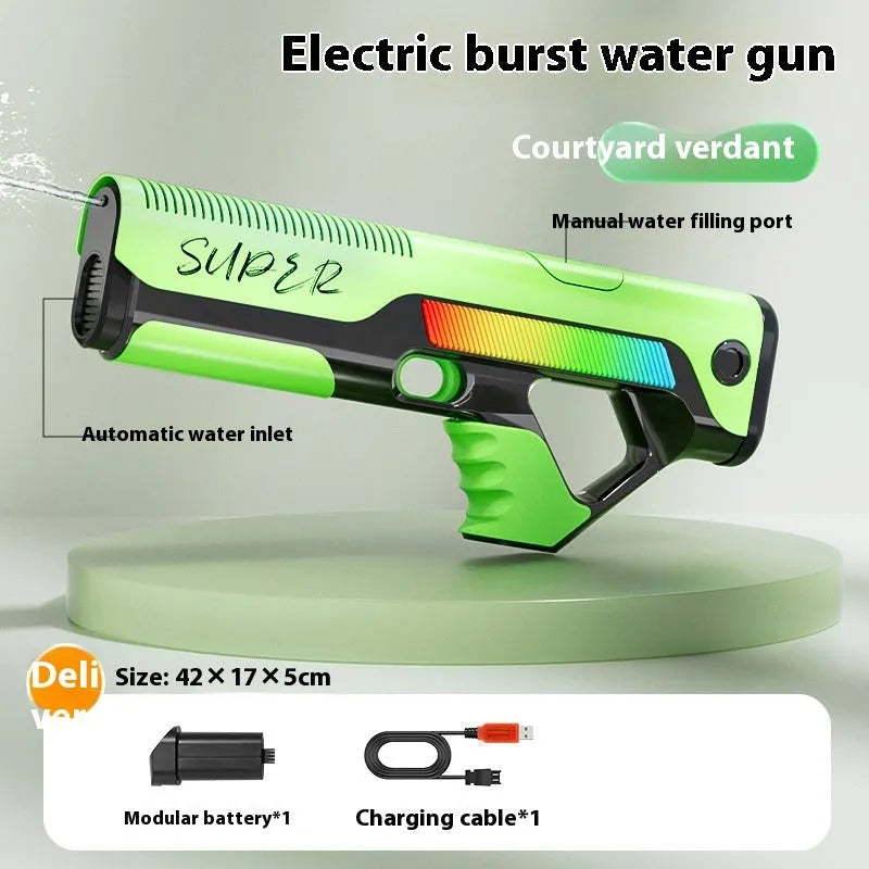 Automatic feeding electric water gun in blue with plastic body and USB port, 42x17x5 cm outdoor toy