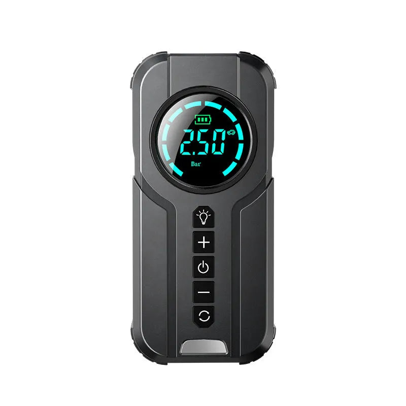 Portable black car tyre inflator with digital display, battery, and 12V power cable on a grey background.