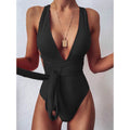 Women's one-piece lace-up deep V backless high-waist solid colour swimsuit in lake blue with white lace detail