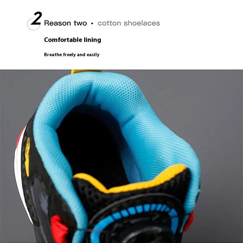 Children's black and coloured rotating button basketball shoes with a PU sole.