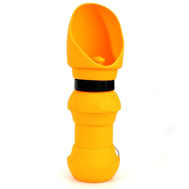 Silicone pet folding water cup shown in collapsed and open positions with colour options