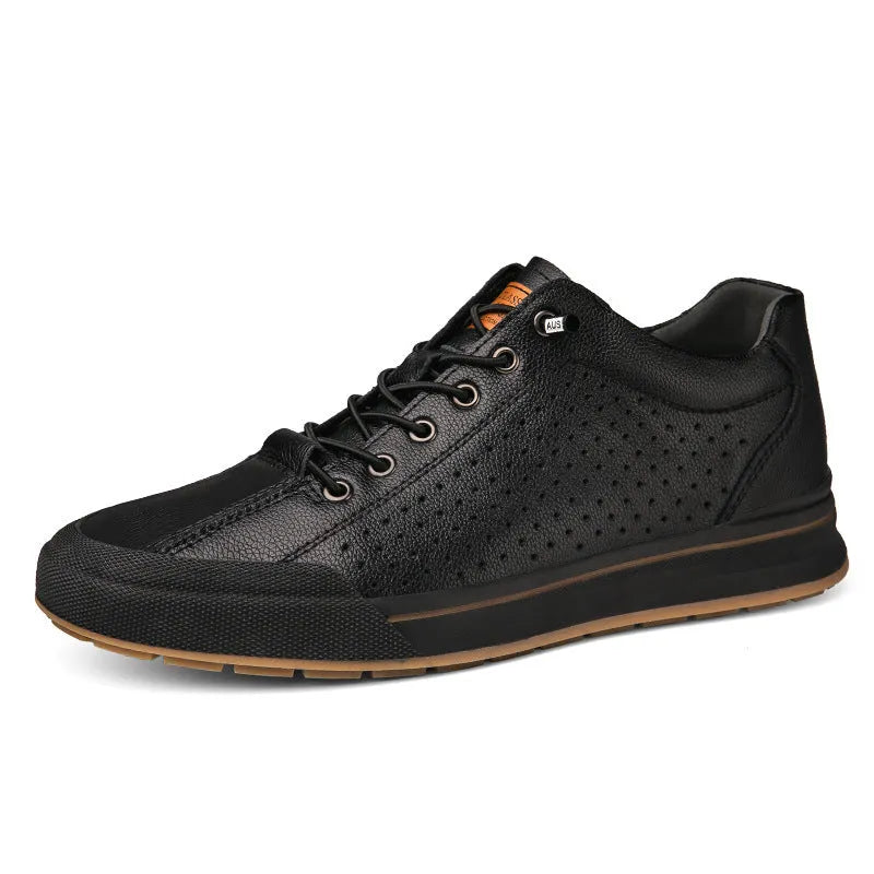 Men's white matte leather shoes with flat heel and round toe in breathable design