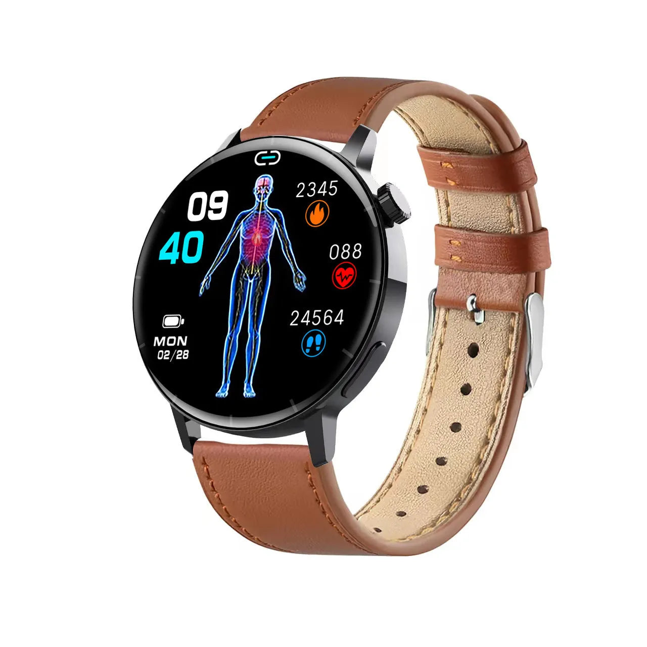 F67S smart watch with red light blood oxygen and glucose monitoring in black leather strap