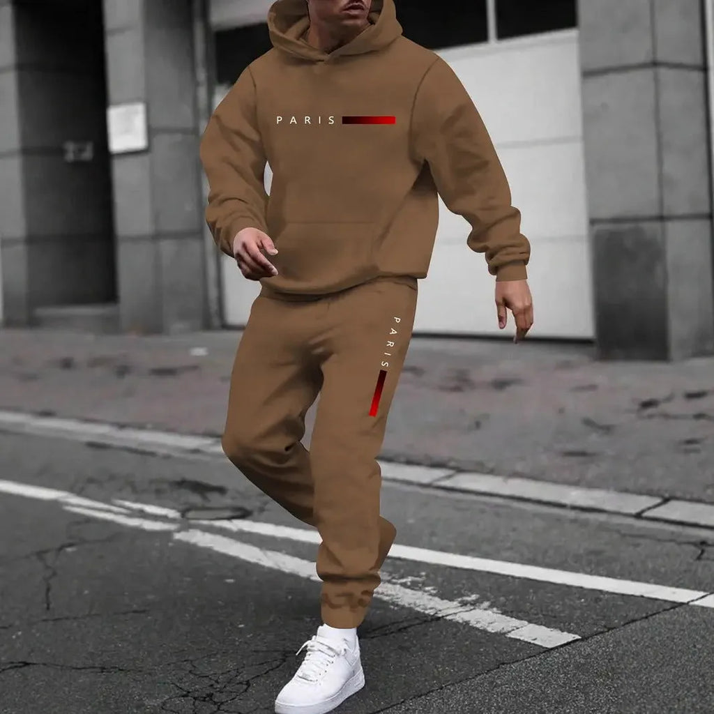 Men's printed hooded autumn tracksuit set with matching trousers in polyester fibre