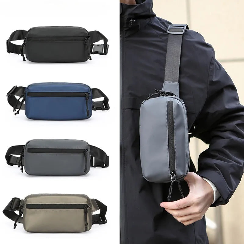 Men's waterproof Oxford cloth crossbody bag available in black, grey, blue, and khaki.