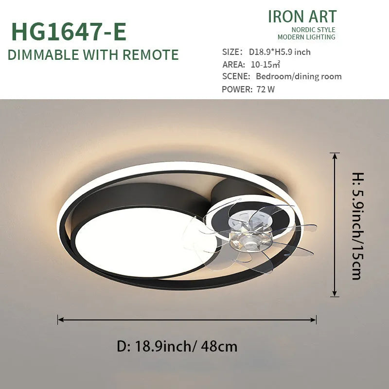 Nordic style 48cm ceiling fan with integrated light fitting, metal blades, acrylic lampshade.