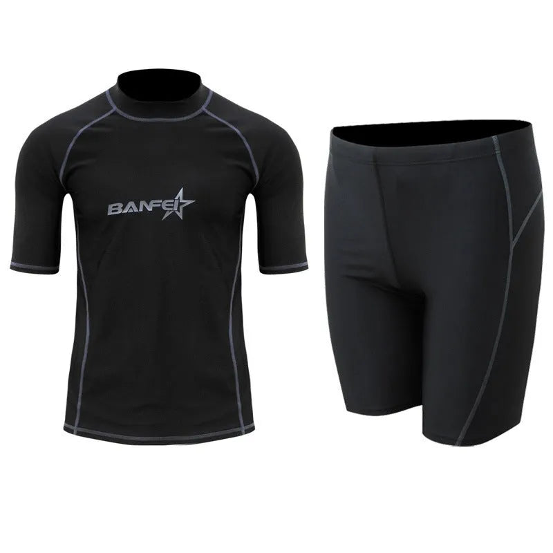 Men's quick-dry half sleeve swimsuit set in nylon fabric for snorkelling and surfing activities