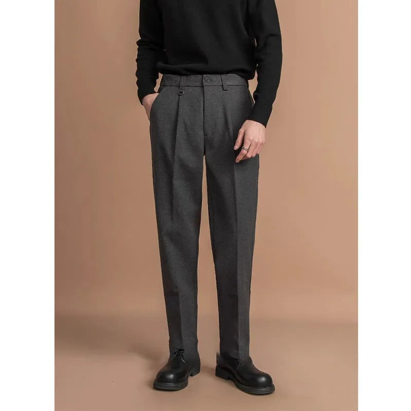 Men's straight-leg trousers in polyester fabric available in multiple colours with business casual styling