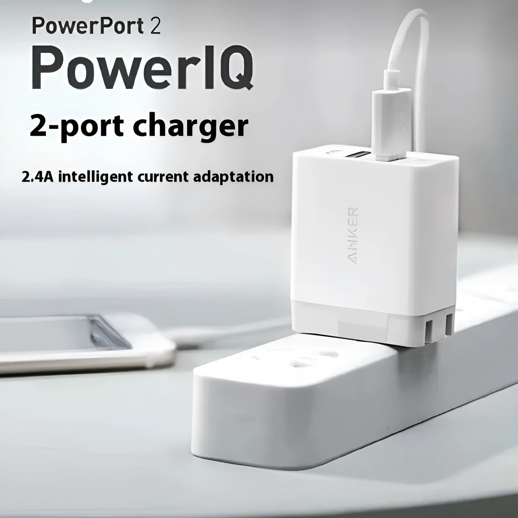 White dual-port USB charger with UK plug, 12W output, 2.4A per port, PD protocol support
