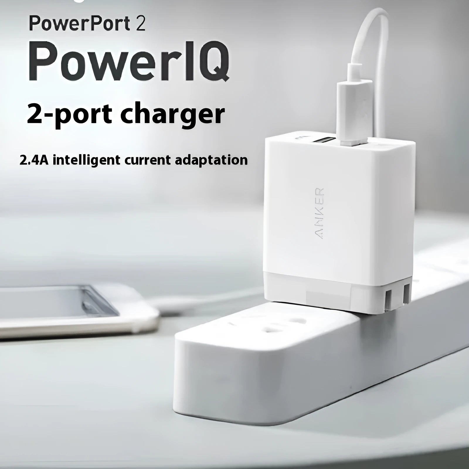 White dual-port USB charger with UK plug, 12W output, 2.4A per port, PD protocol support