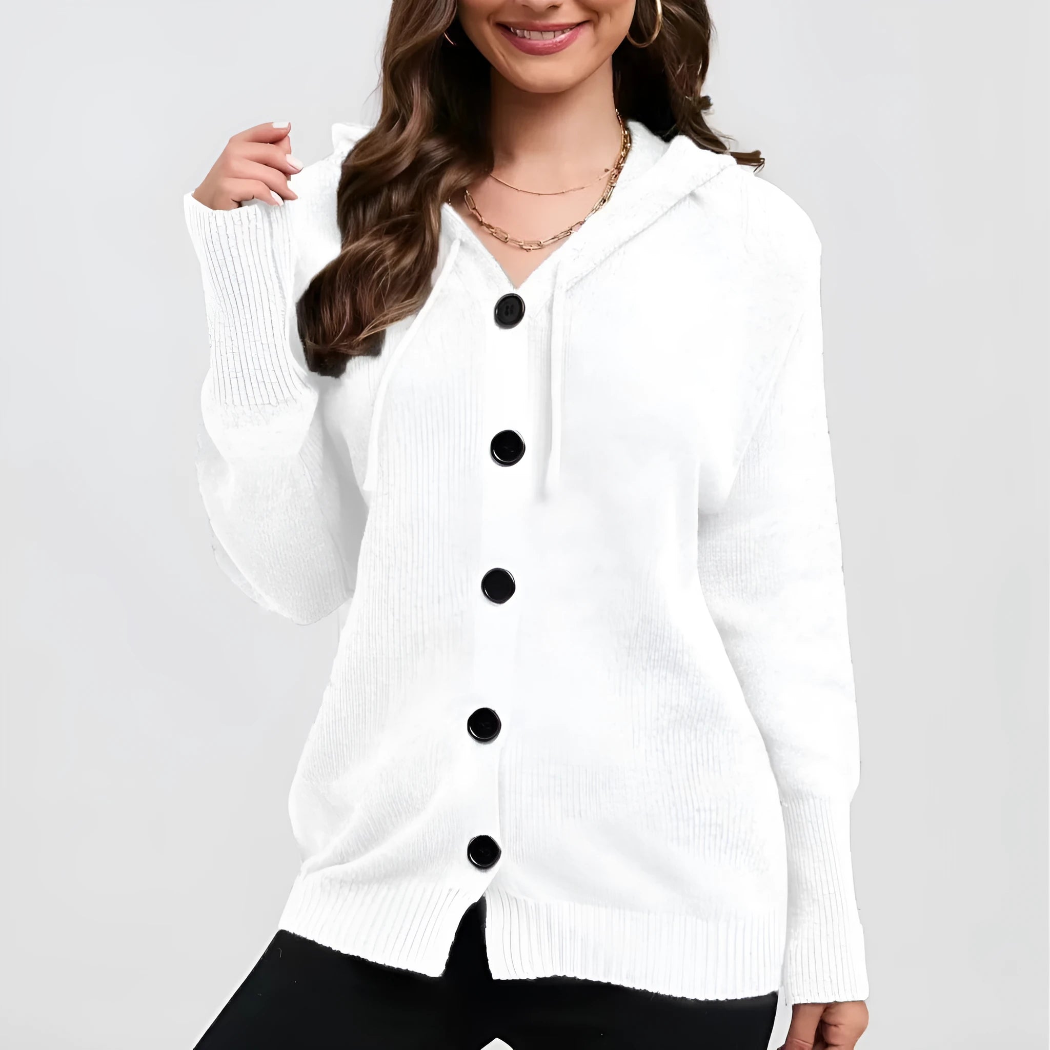 Women's loose fit hooded cardigan sweater in thick cotton with 3D pattern detail
