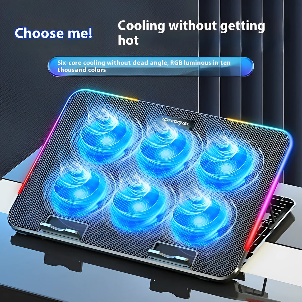 Black laptop cooling pad with RGB light, phone bracket, wire fence plastic body, 360x255x27mm