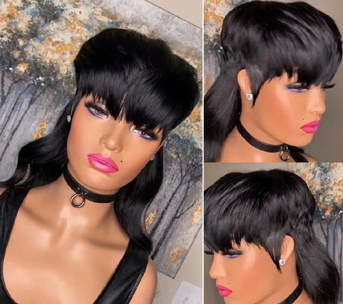 Black Brazilian synthetic wig with bangs featuring front short back long hairstyle