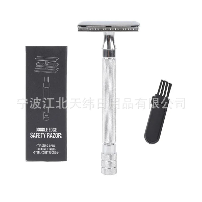 Traditional manual shaving razor and brush combination kit in black and silver metal finishes.