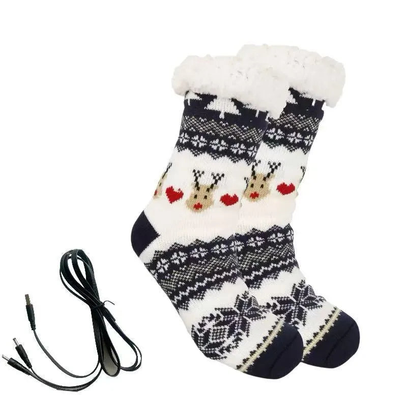 USB electric heating thickened room socks in red Santa Claus jacquard pattern on a white background