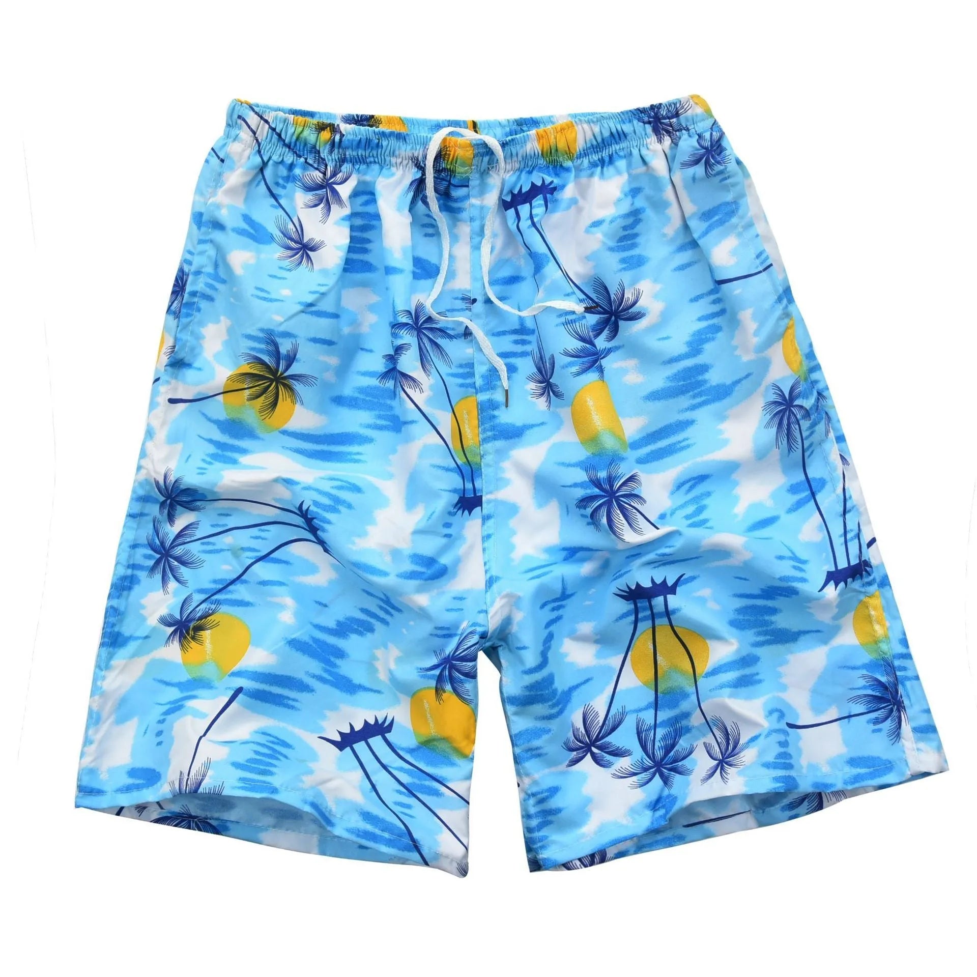 Men's floral printed swimming trunks in polyester with five-point design for beach and pool use