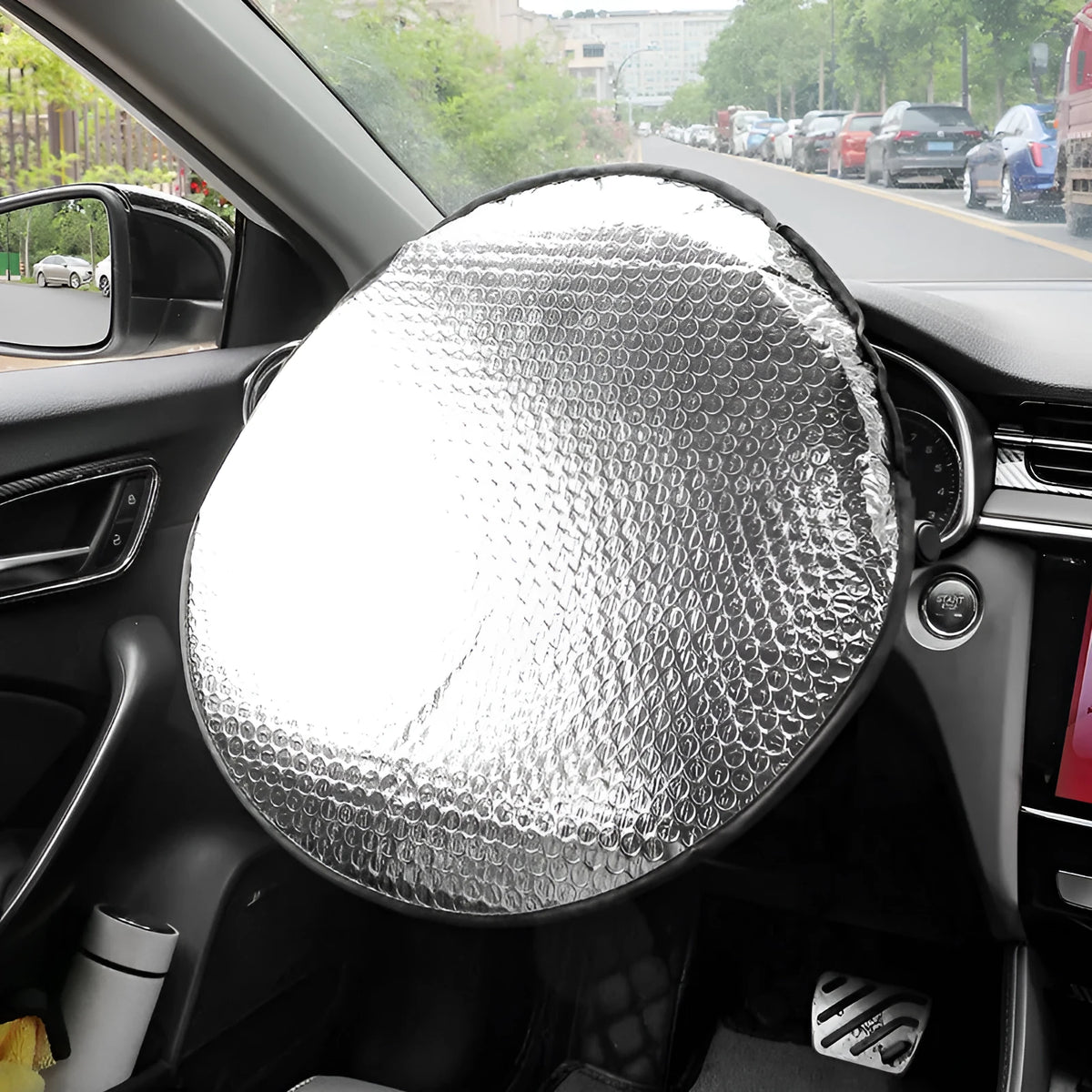 Aluminium foil car steering wheel sunshade cover with brand LOGO pattern, universal fit for general vehicle models