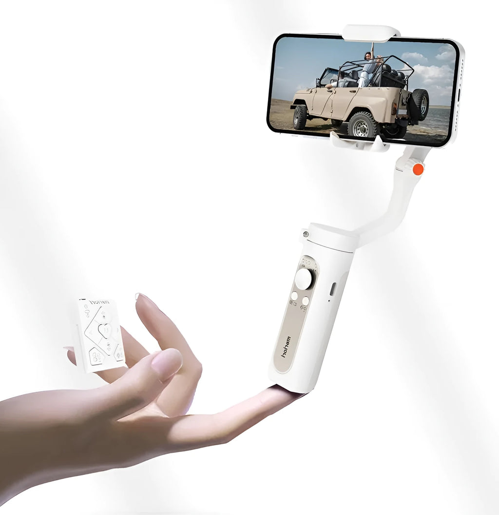 Smart anti-shake selfie stick stabilizer in black plastic, folded size 179x39x79mm, with phone clamp