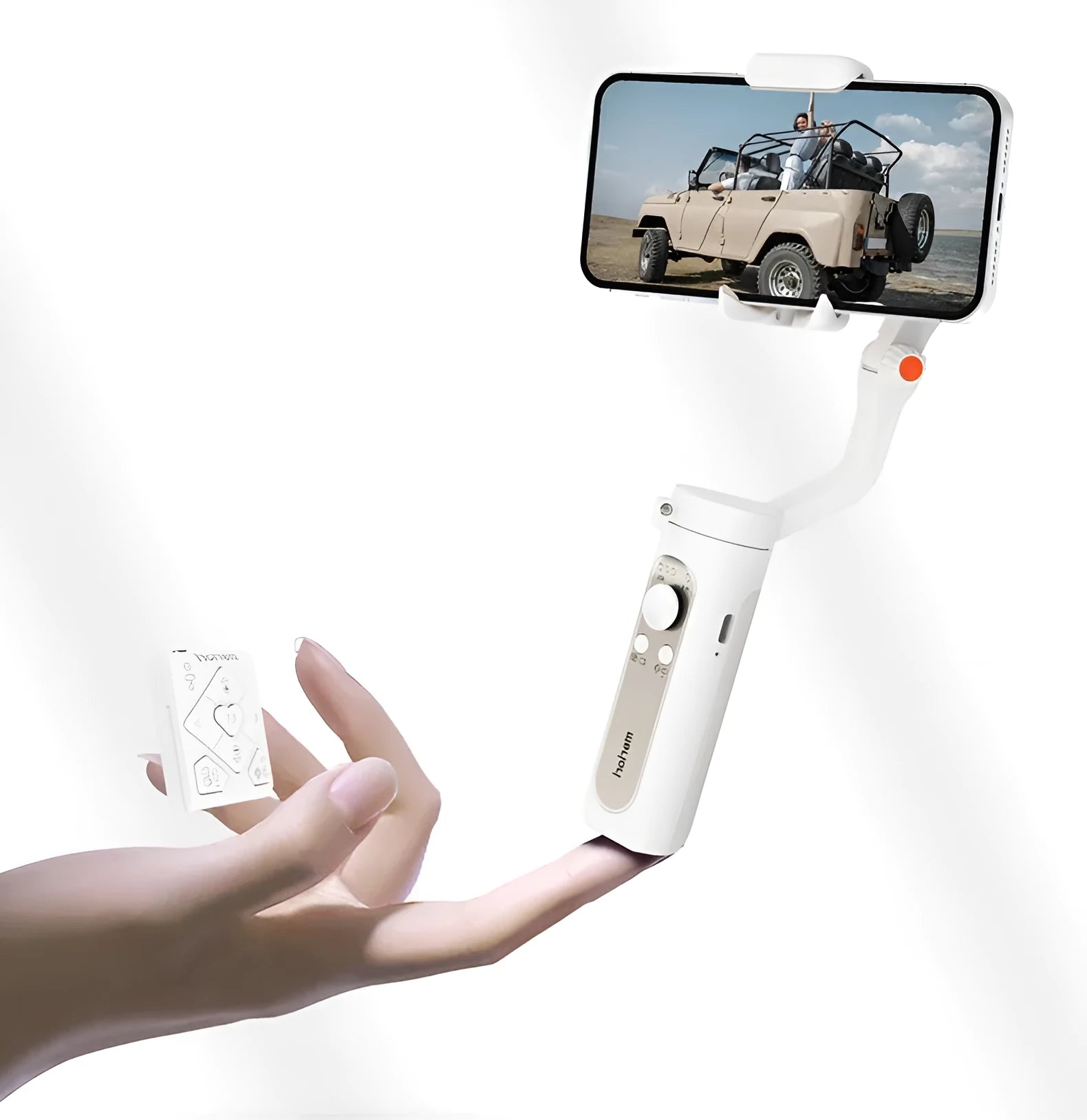 Smart anti-shake selfie stick stabilizer in black plastic, folded size 179x39x79mm, with phone clamp