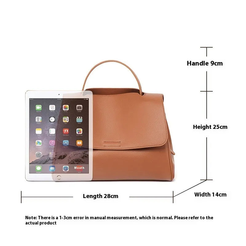Genuine leather women's shoulder messenger bag in black, soft two-layer cowhide, horizontal square shape with sewing thread detail