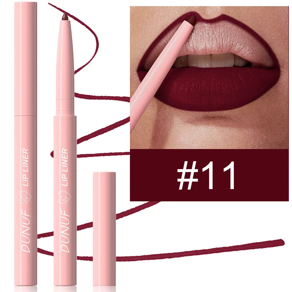 A set of 12 velvet matte lip liner pencils in different colours for lip contouring.