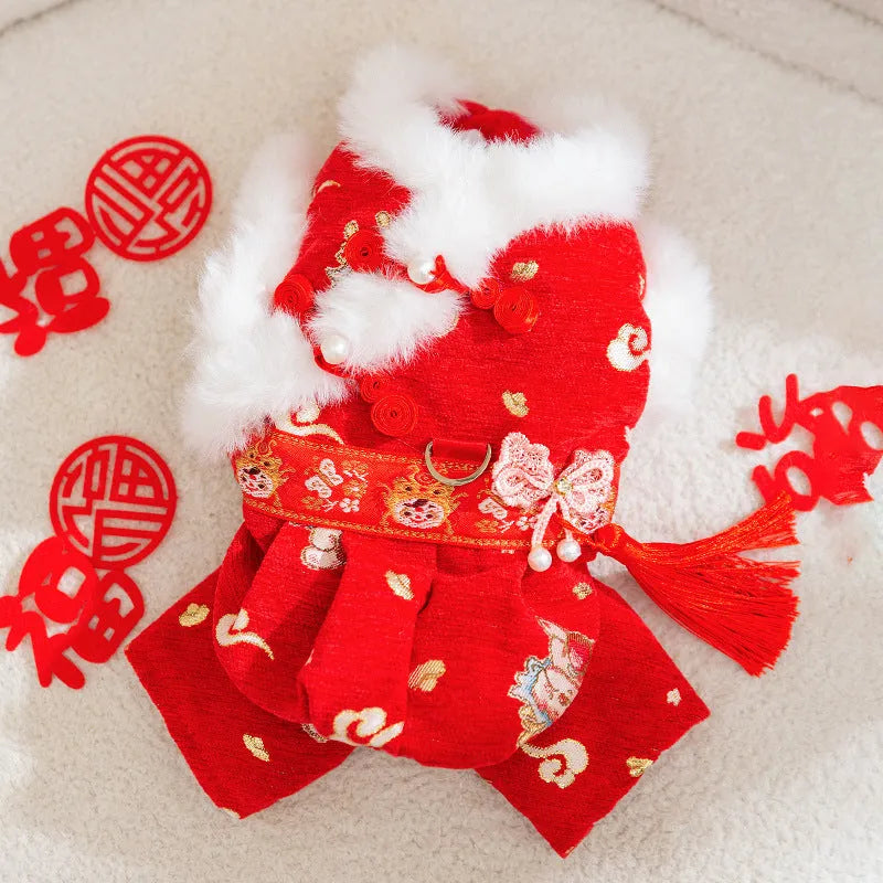 Red embroidered Tang suit for small dog with faux fur trim and tassels