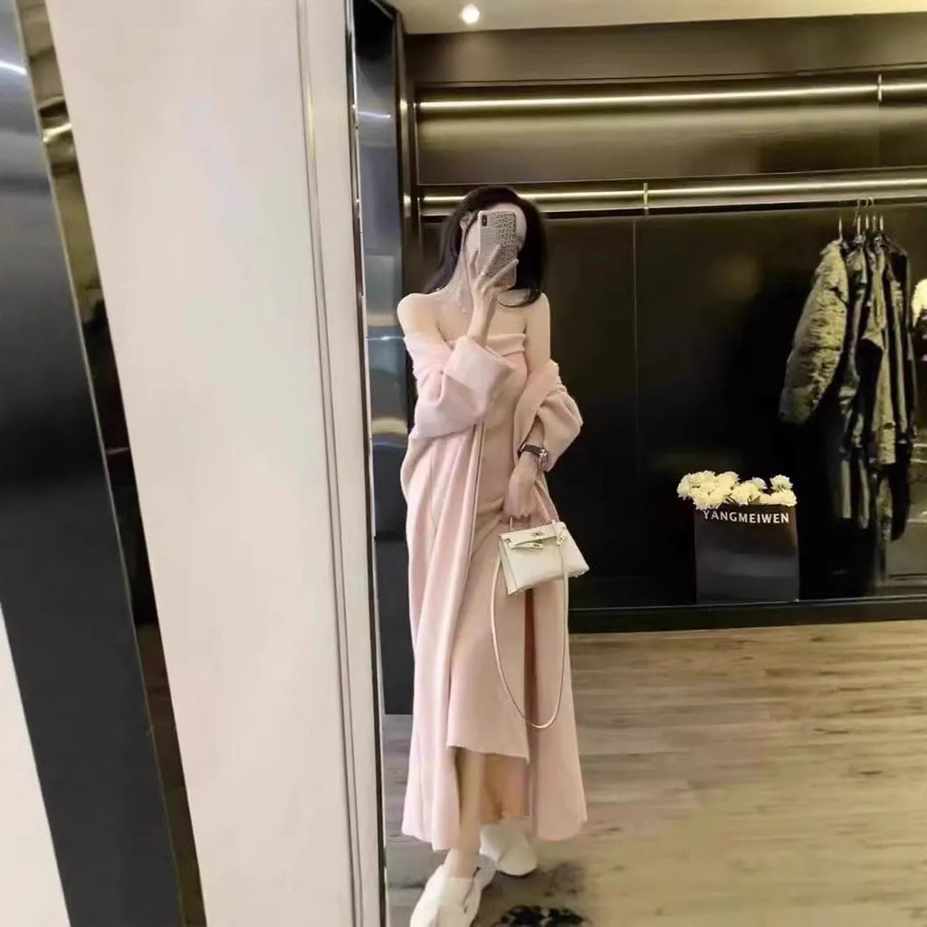 Women's grey knitted long sleeve dress and matching coat set with flocking texture detail