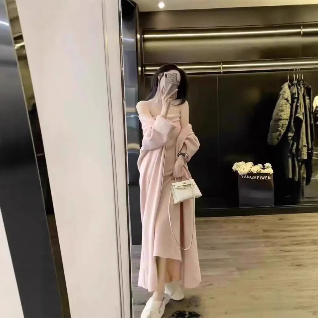 Women's grey knitted long sleeve dress and matching coat set with flocking texture detail