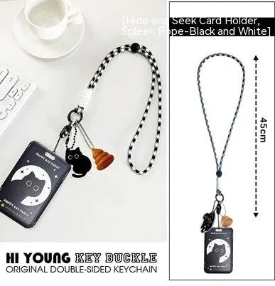 Little black cat cartoon design plastic card holder sleeve with metal split ring keychain.