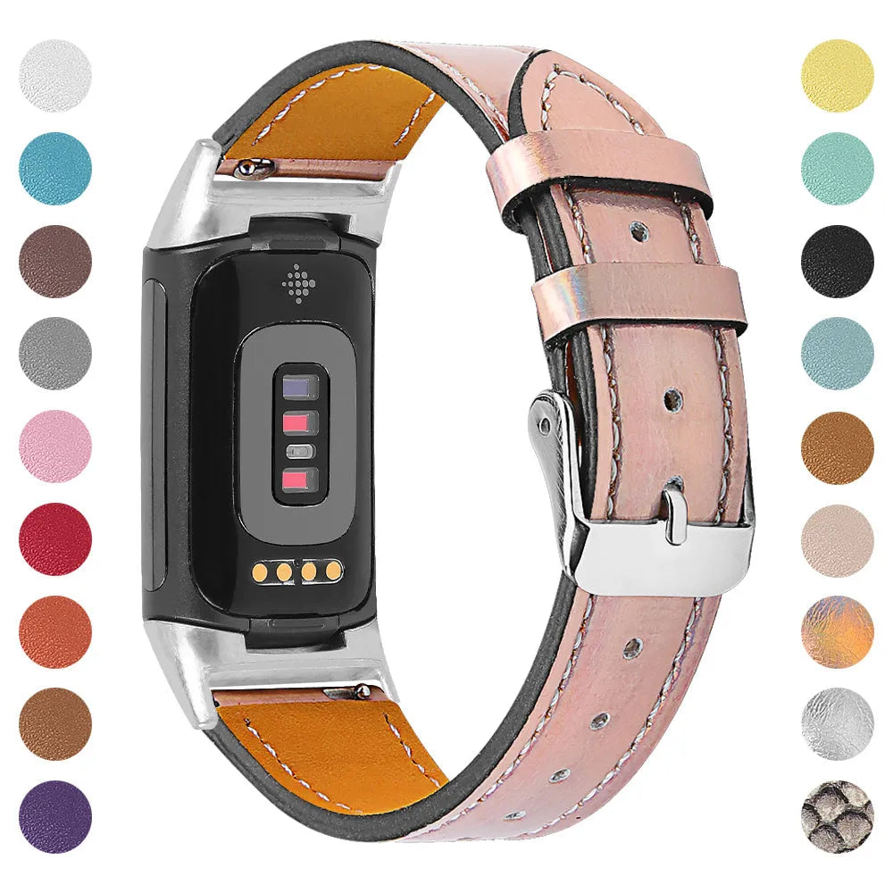 Genuine leather replacement strap for Fitbit Charge 5 and Charge 6 in multiple colour options.