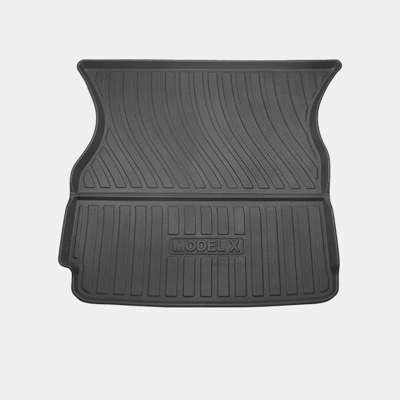 Tailored waterproof rubber car mats and boot liner for a Tesla Model X interior.