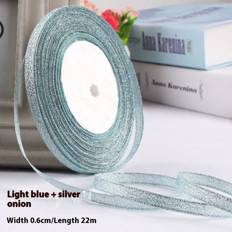 Roll of thin 0.6cm wide polyester ribbon in a selection of 22 colours including metallic gold and sky blue.