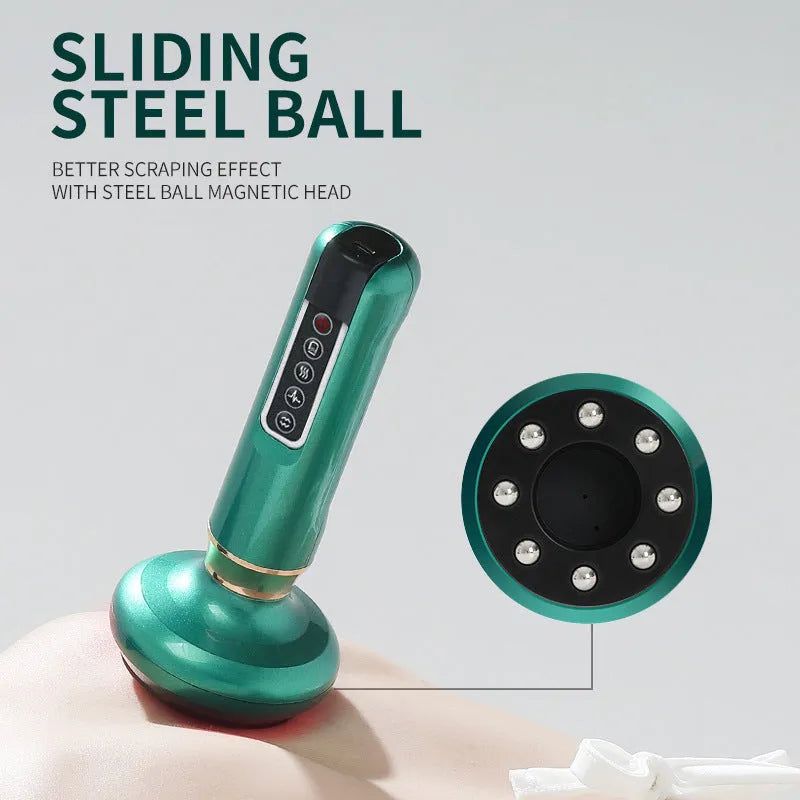Green electric vacuum cupping massager device with USB cable on a white background
