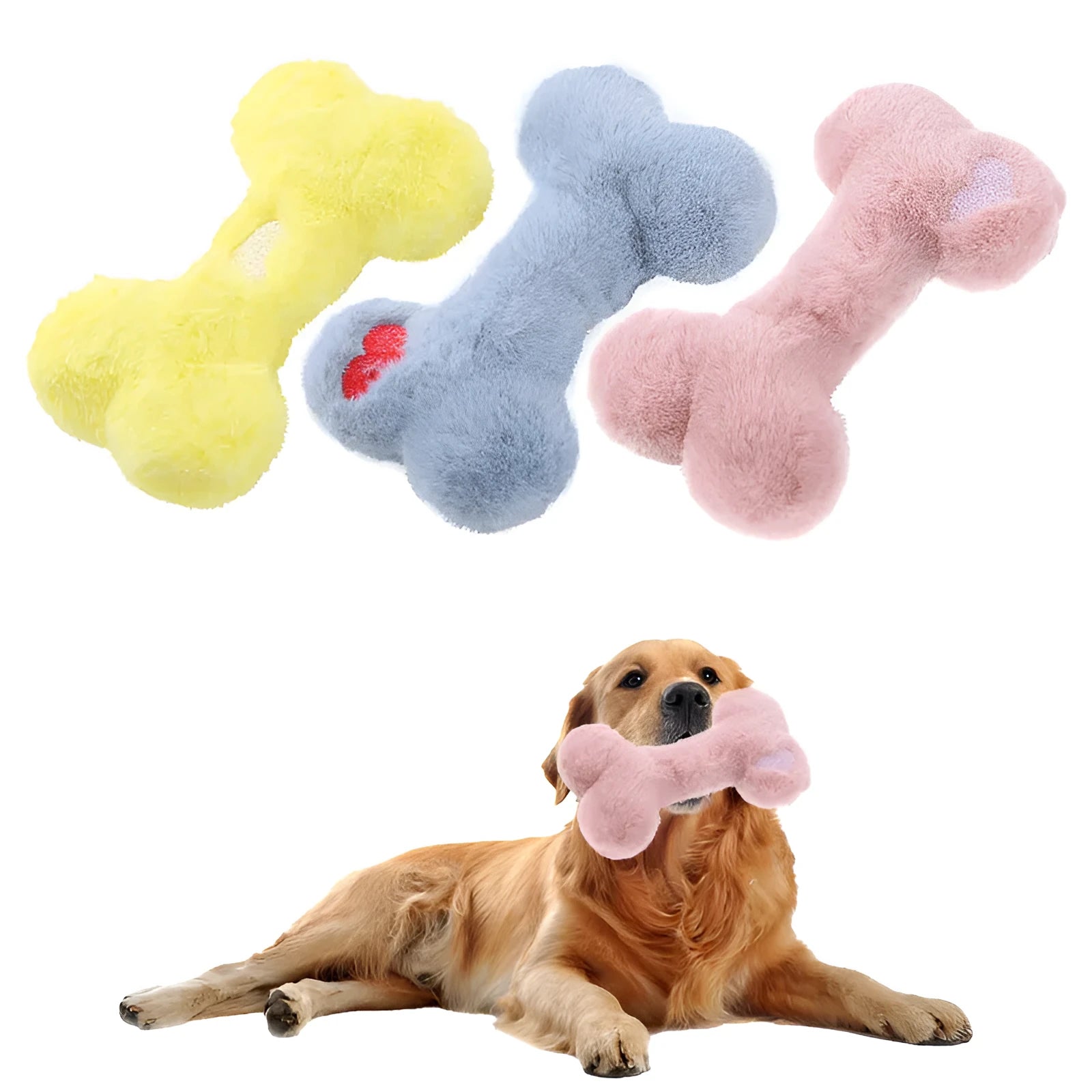 Blue love bone shaped plush dog toy with squeaker on a white background