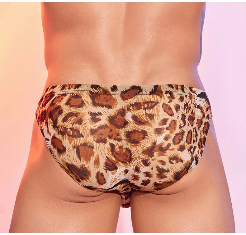 Men's leopard print low waist panties with elasticated waistband in nylon fabric
