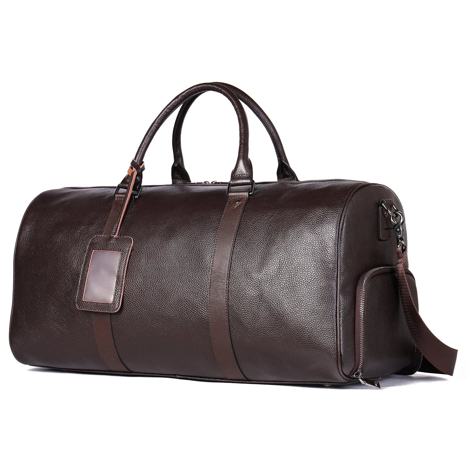 Men's black leather tote bag with single strap showing top-layer cowhide texture and generous capacity
