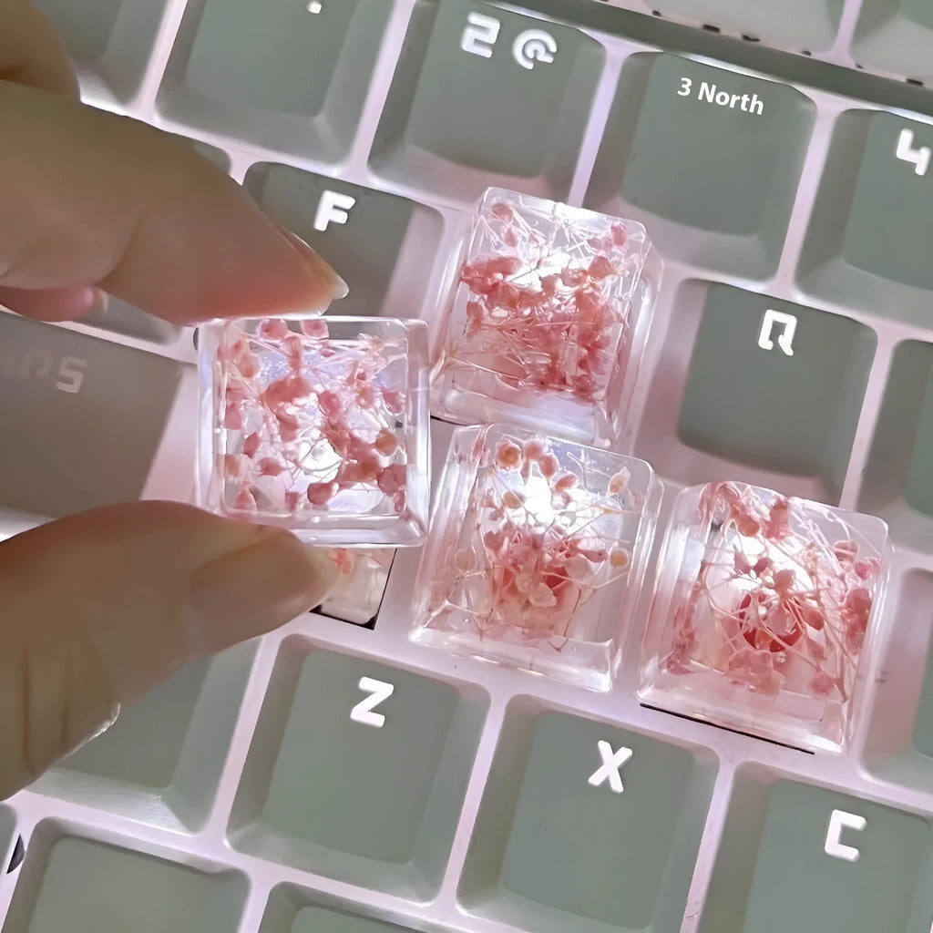 Transparent resin starry sky keycap with glitter particles in red, pink, green, violet colours for mechanical keyboards