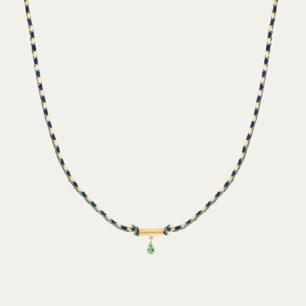 Gold plated copper twin necklace with braid rope chain and emerald-coloured geometric ellipse pendant for women