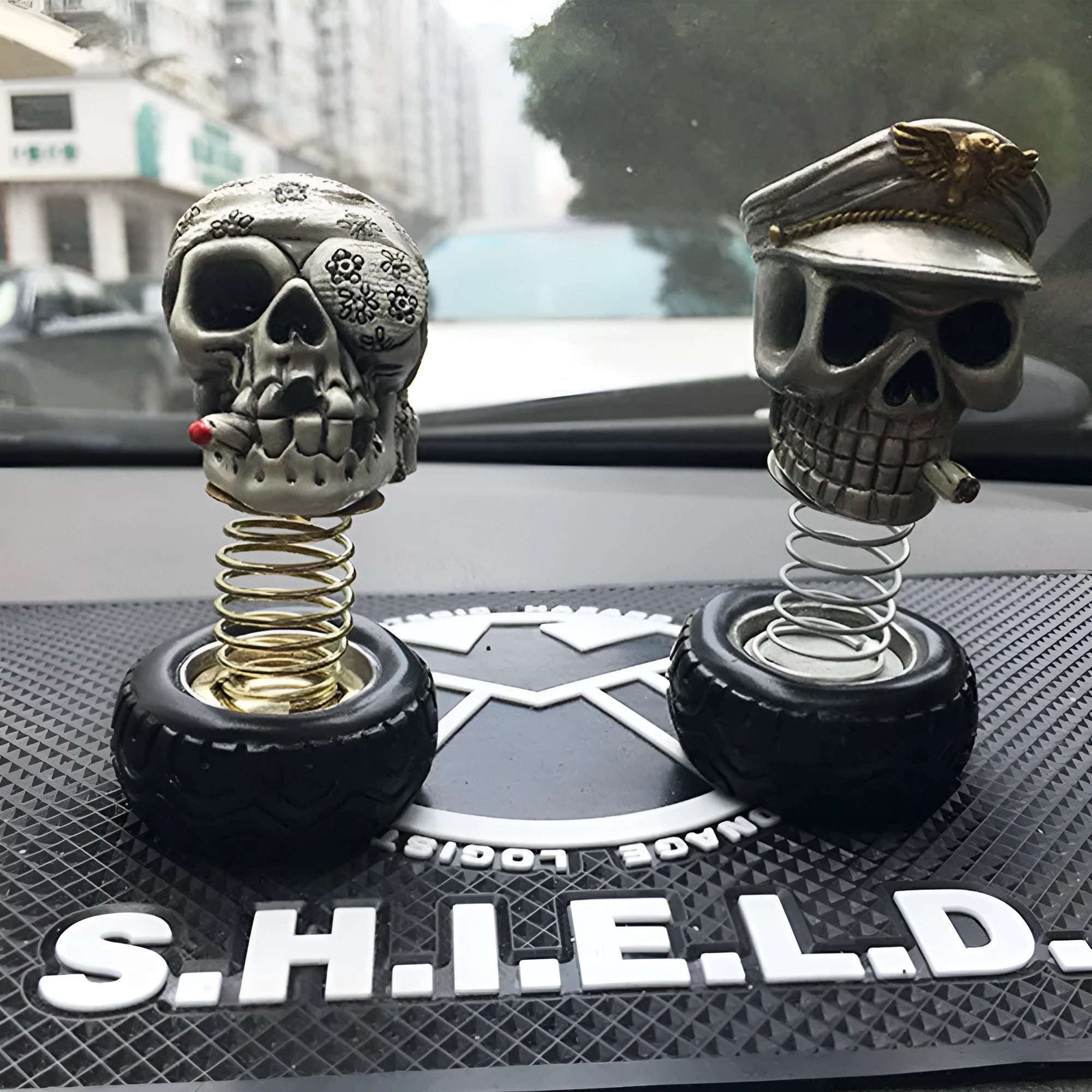 Resin skull car decoration in military cap style with swing head and sticker fix
